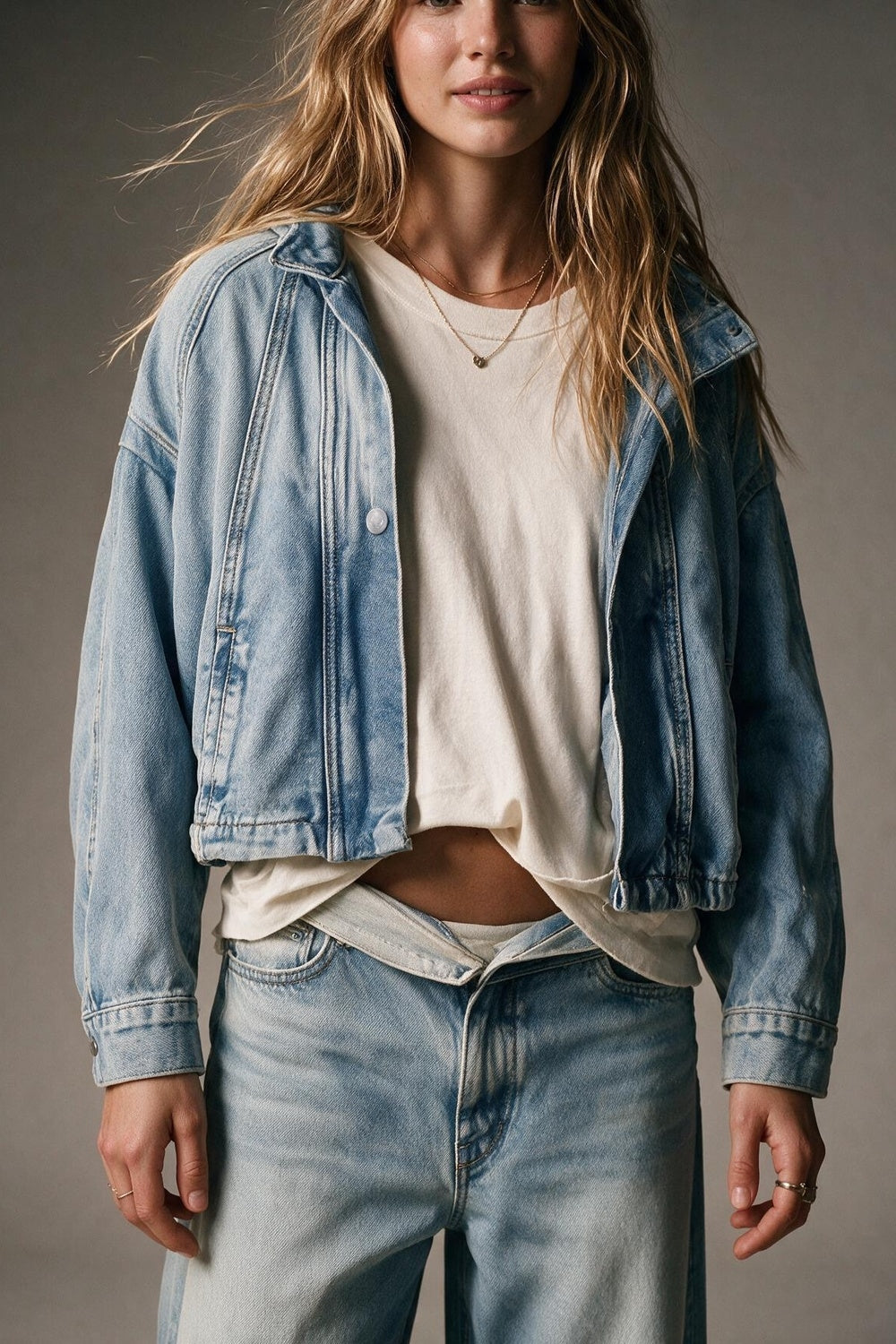 Light Wash High Neck Collar Cropped Denim Jacket - Premium variable from Tooksie - Just $104.90! Shop now at Tooksie