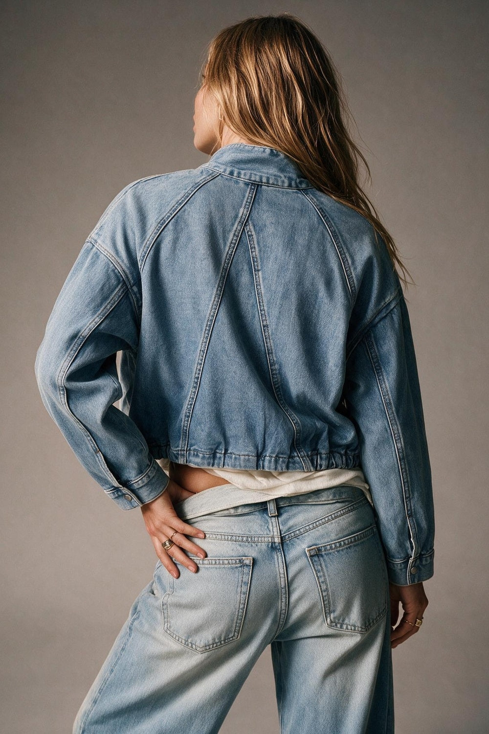 Light Wash High Neck Collar Cropped Denim Jacket - Premium variable from Tooksie - Just $104.90! Shop now at Tooksie