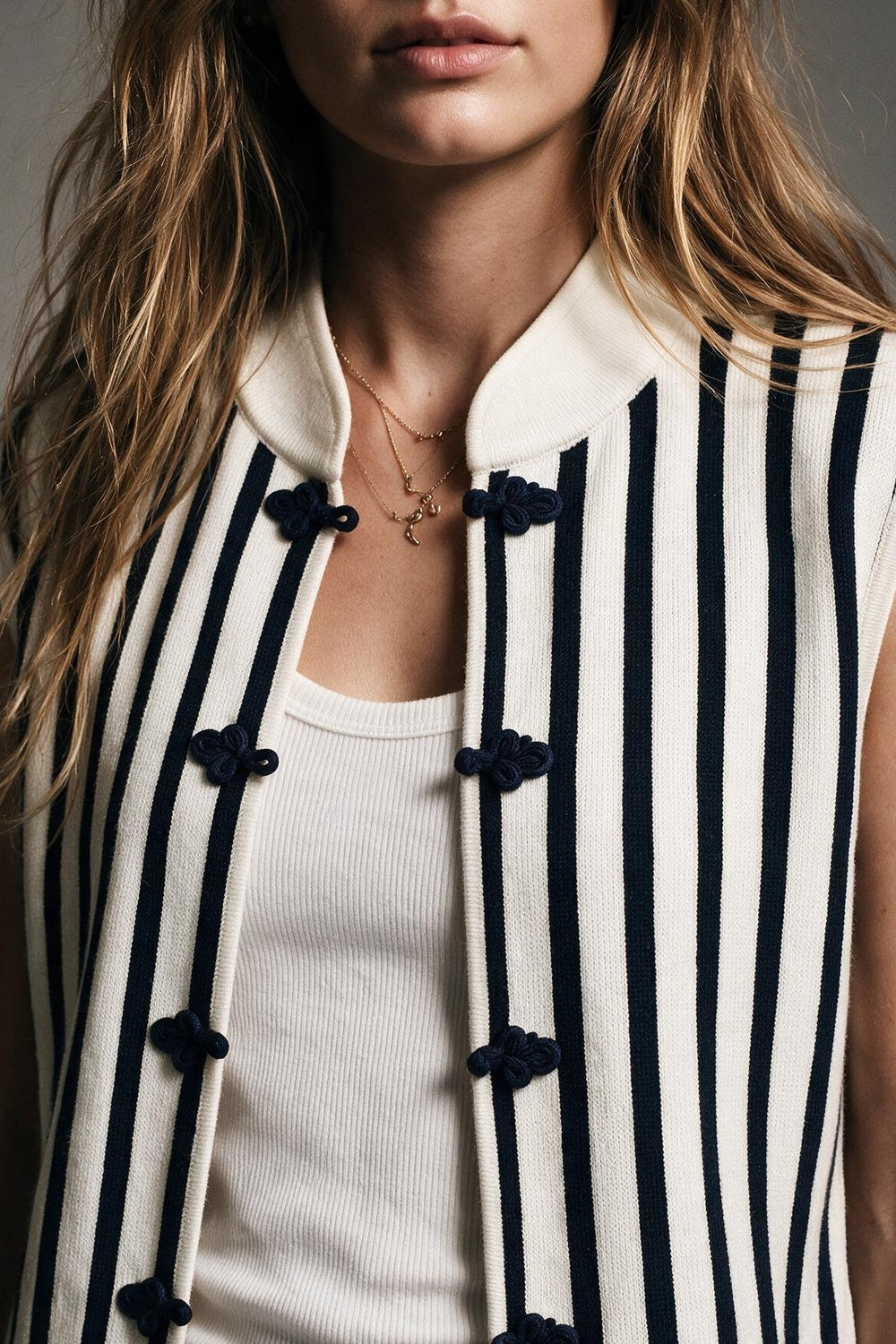 Cream Striped Fine Knit Frog Closure Vest - Premium variable from Tooksie - Just $74.90! Shop now at Tooksie