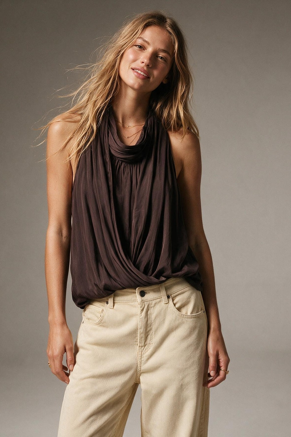 Brown Satin Draped Halter Cowl Neck Top - Premium variable from Tooksie - Just $69.90! Shop now at Tooksie