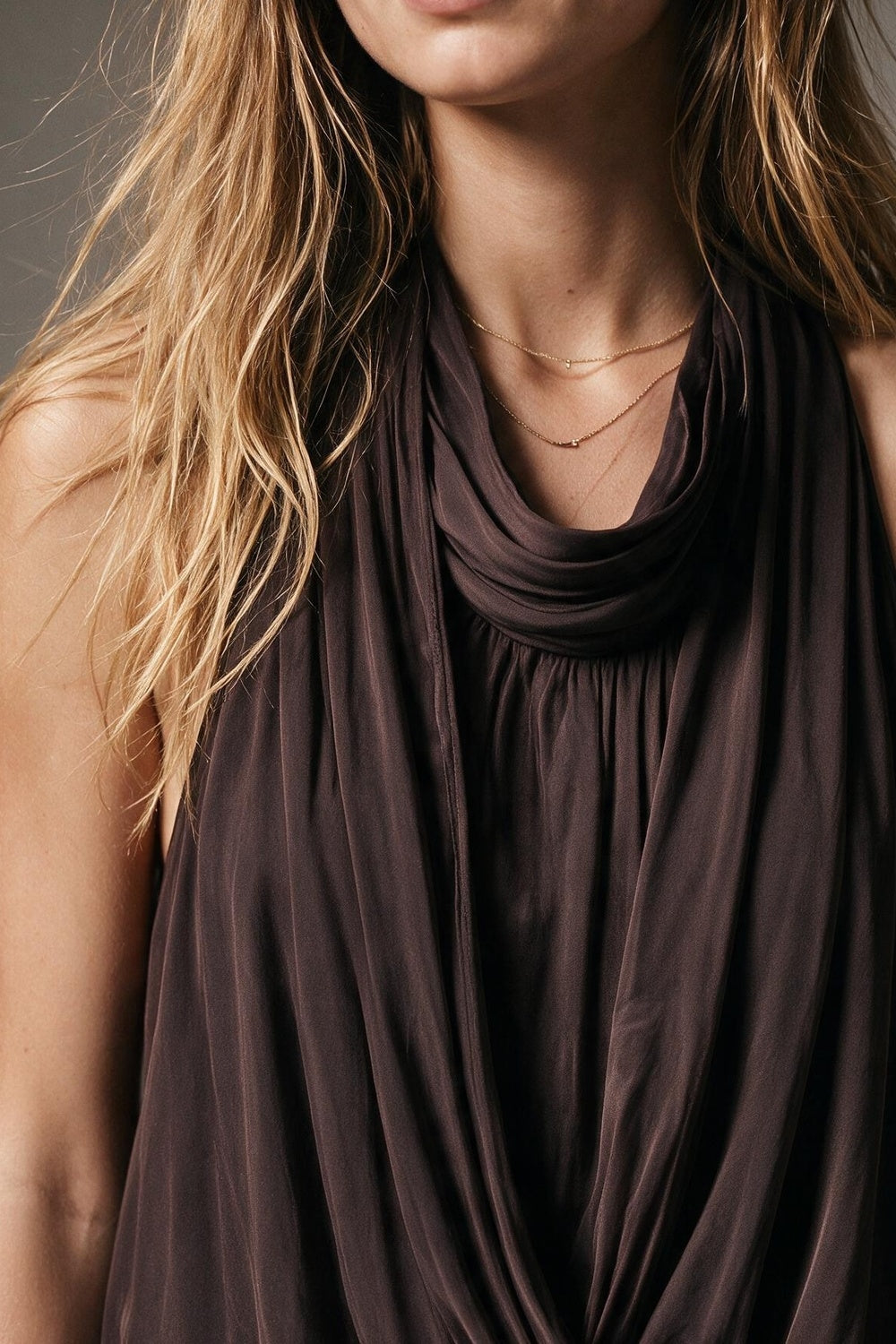 Brown Satin Draped Halter Cowl Neck Top - Premium variable from Tooksie - Just $69.90! Shop now at Tooksie