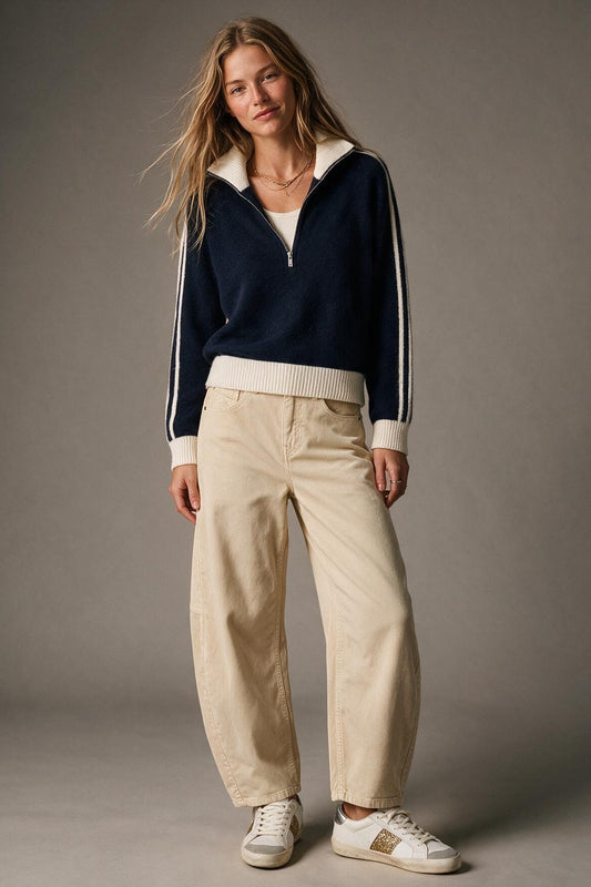 Navy Striped Brushed Knit Contrast Collar Half Zip Sweater - Premium simple from Tooksie - Just $74.90! Shop now at Tooksie