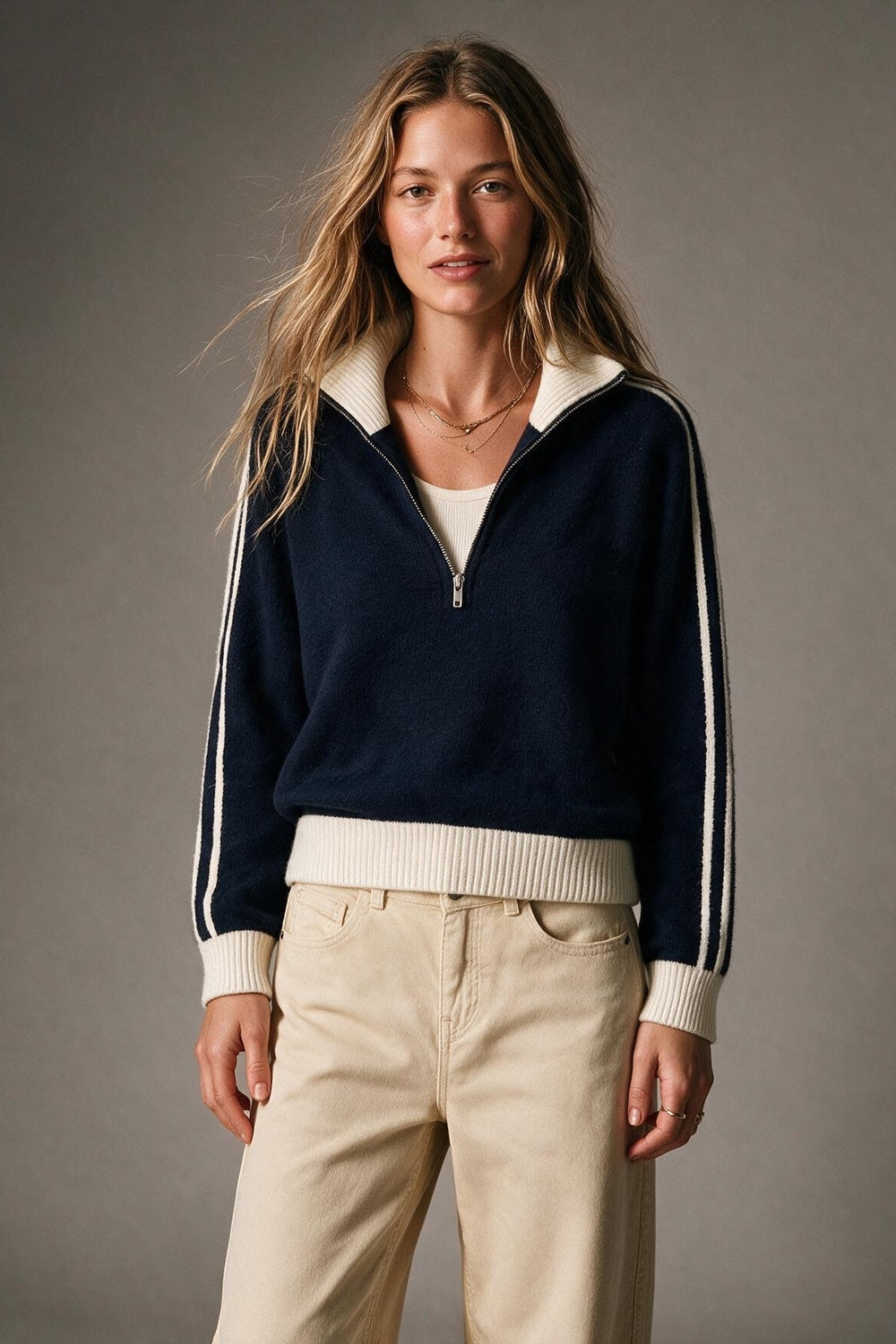 Navy Striped Brushed Knit Contrast Collar Half Zip Sweater - Premium simple from Tooksie - Just $74.90! Shop now at Tooksie