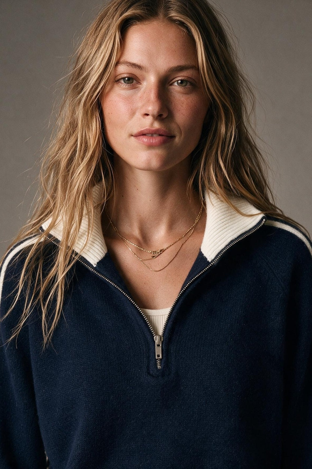 Navy Striped Brushed Knit Contrast Collar Half Zip Sweater - Premium simple from Tooksie - Just $74.90! Shop now at Tooksie