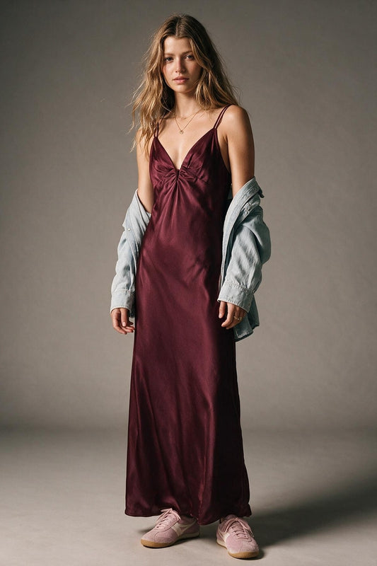 Burgundy Satin Ruched Maxi Slip Dress - Premium variable from Tooksie - Just $84.90! Shop now at Tooksie