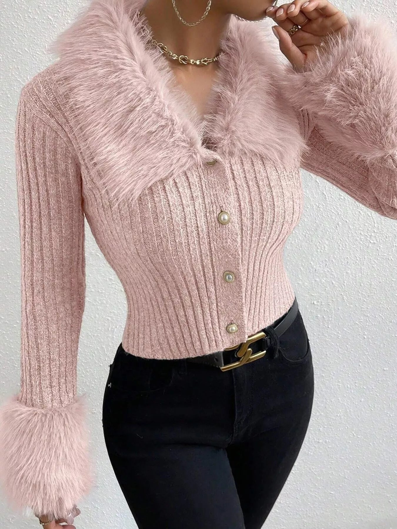 Faux Fur Trim Ribbed Knit Cropped Cardigan - Premium variable from Tooksie - Just $49.99! Shop now at Tooksie