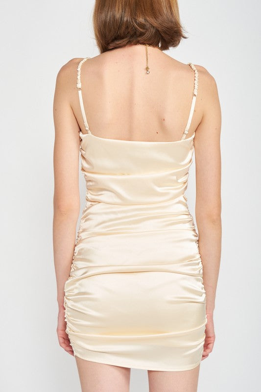 Satin Ruched Spaghetti Strap Mini Dress - Premium variable from Tooksie - Just $54.99! Shop now at Tooksie