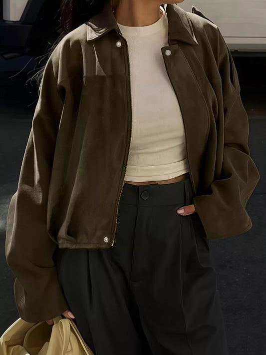 Suede Inspired Cropped Bomber Jacket - Premium variable from Tooksie - Just $65.99! Shop now at Tooksie