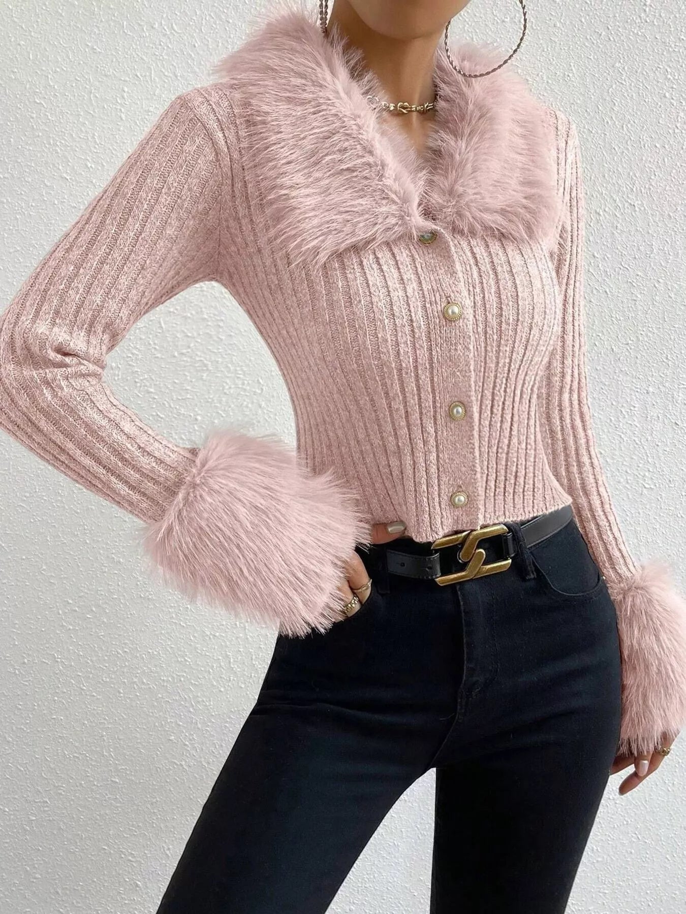 Faux Fur Trim Ribbed Knit Cropped Cardigan - Premium variable from Tooksie - Just $49.99! Shop now at Tooksie