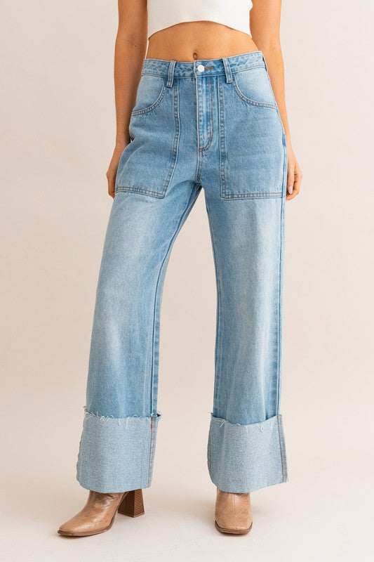 High-Waisted Wide Leg Cuffed Jeans - Premium variable from Tooksie - Just $52.99! Shop now at Tooksie