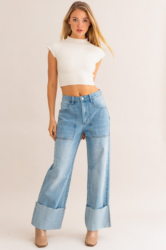 High-Waisted Wide Leg Cuffed Jeans - Premium variable from Tooksie - Just $52.99! Shop now at Tooksie