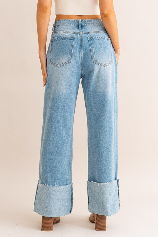 High-Waisted Wide Leg Cuffed Jeans - Premium variable from Tooksie - Just $52.99! Shop now at Tooksie