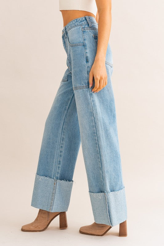 High-Waisted Wide Leg Cuffed Jeans - Premium variable from Tooksie - Just $52.99! Shop now at Tooksie