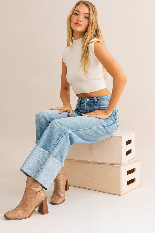 High-Waisted Wide Leg Cuffed Jeans - Premium variable from Tooksie - Just $52.99! Shop now at Tooksie