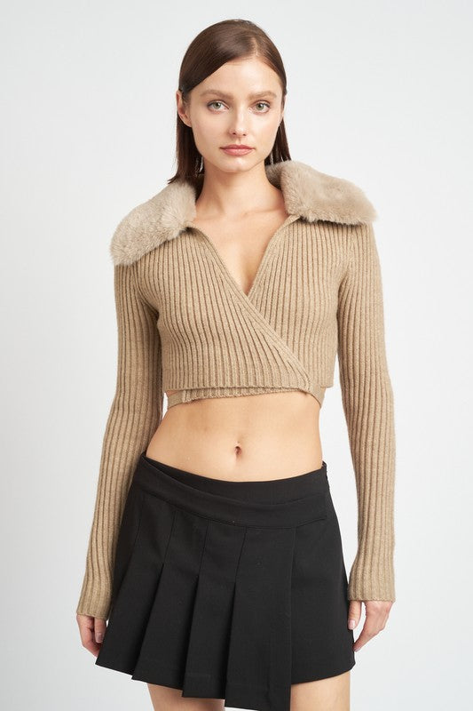 Cropped Cardigan With Faux Fur Collar - Premium  from Tooksie - Just $48.99! Shop now at Tooksie