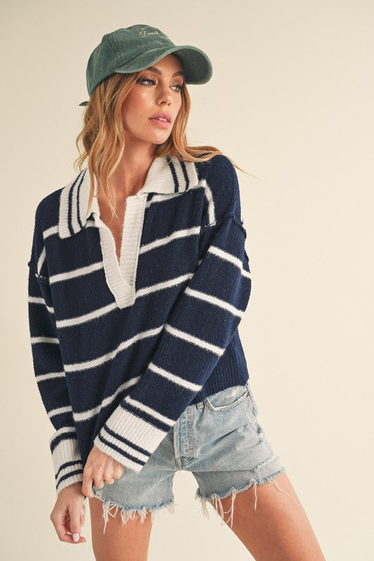 Navy Striped Sweater With Collar - Premium variable from Tooksie - Just $41.99! Shop now at Tooksie