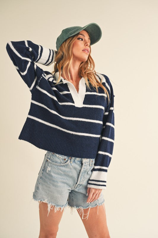 Navy Striped Sweater With Collar - Premium variable from Tooksie - Just $41.99! Shop now at Tooksie