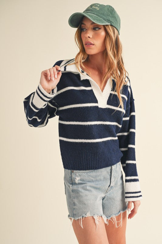 Navy Striped Sweater With Collar - Premium variable from Tooksie - Just $41.99! Shop now at Tooksie