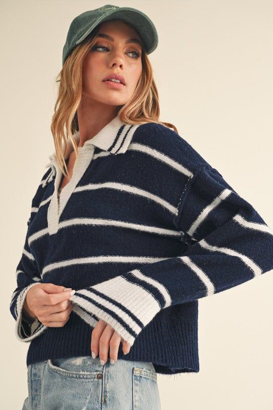 Navy Striped Sweater With Collar - Premium variable from Tooksie - Just $41.99! Shop now at Tooksie