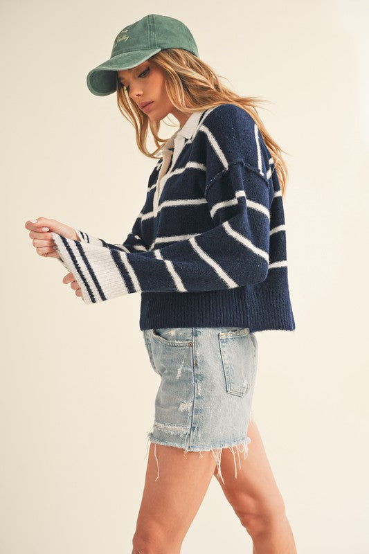 Navy Striped Sweater With Collar - Premium variable from Tooksie - Just $41.99! Shop now at Tooksie