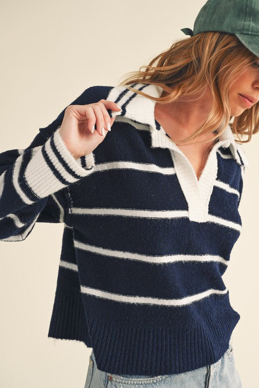 Navy Striped Sweater With Collar - Premium variable from Tooksie - Just $41.99! Shop now at Tooksie