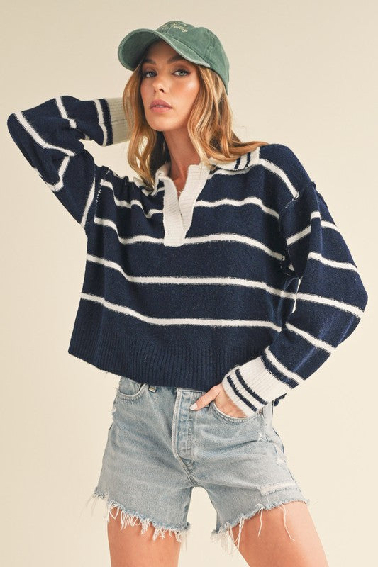 Navy Striped Sweater With Collar - Premium variable from Tooksie - Just $41.99! Shop now at Tooksie