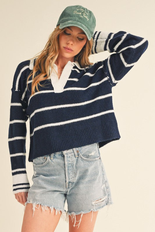 Navy Striped Sweater With Collar - Premium variable from Tooksie - Just $41.99! Shop now at Tooksie