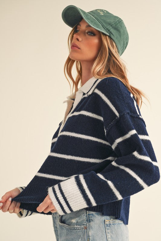 Navy Striped Sweater With Collar - Premium variable from Tooksie - Just $41.99! Shop now at Tooksie