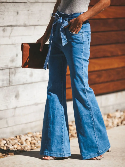 High-Waisted Tie-Front Flared Jeans - Premium variable from Tooksie - Just $50.99! Shop now at Tooksie