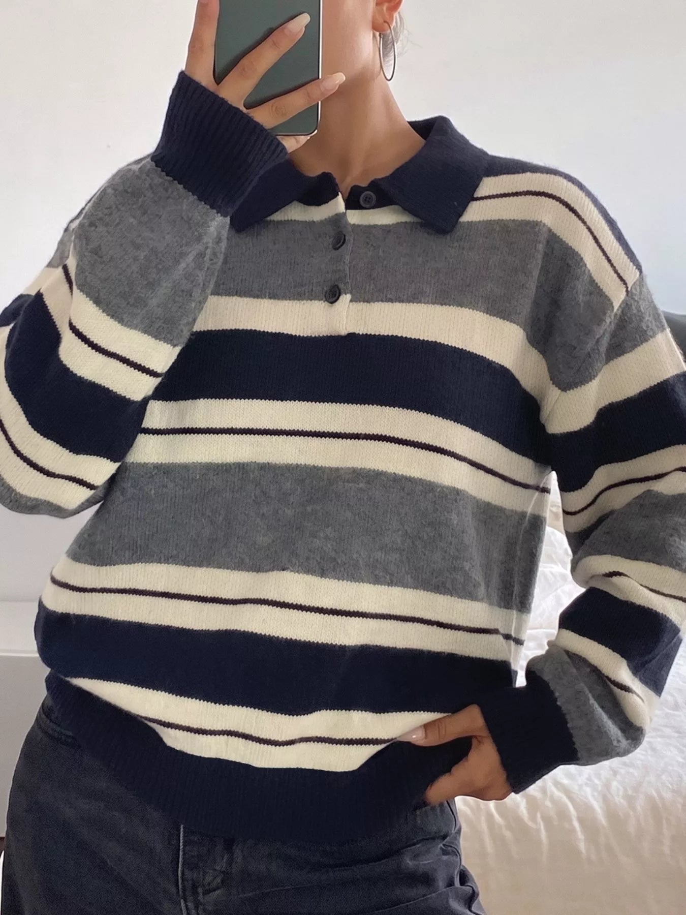 Striped Long Sleeve Button Detail Polo Sweater - Premium variable from Tooksie - Just $41.99! Shop now at Tooksie