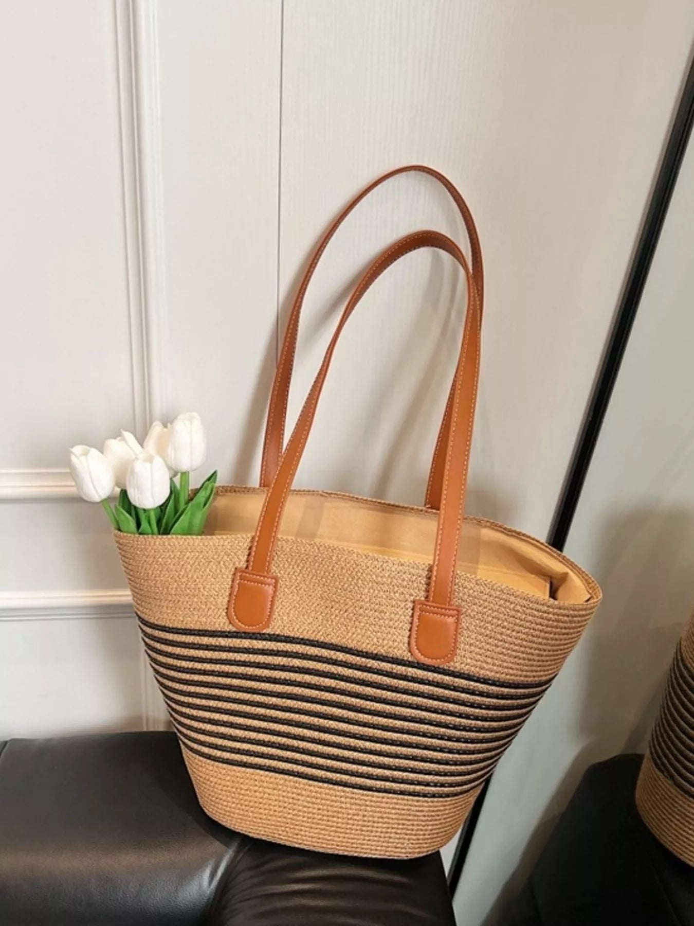 Striped Woven Straw Shoulder Bag - Premium simple from Tooksie - Just $33.99! Shop now at Tooksie