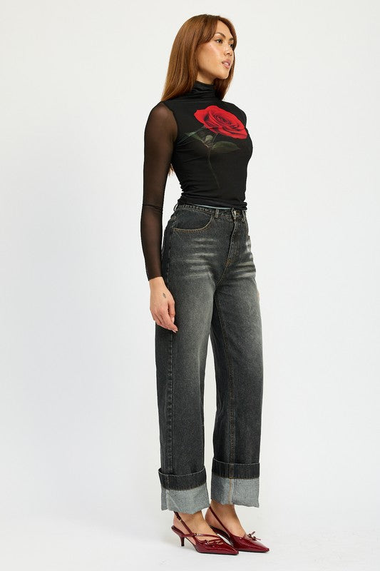 Washed Denim Cuffed Jeans - Premium variable from Tooksie - Just $61.99! Shop now at Tooksie