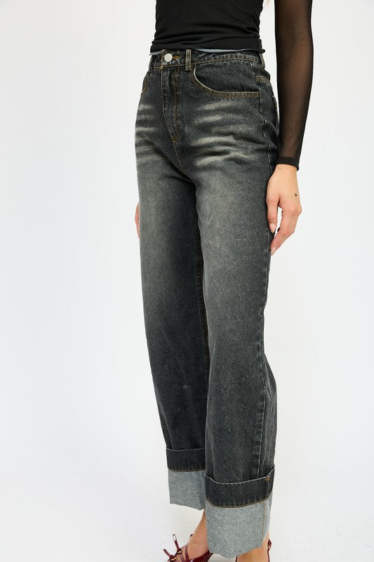 Washed Denim Cuffed Jeans - Premium variable from Tooksie - Just $61.99! Shop now at Tooksie