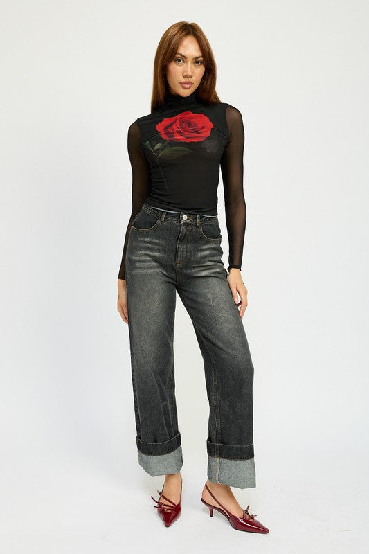 Washed Denim Cuffed Jeans - Premium variable from Tooksie - Just $61.99! Shop now at Tooksie