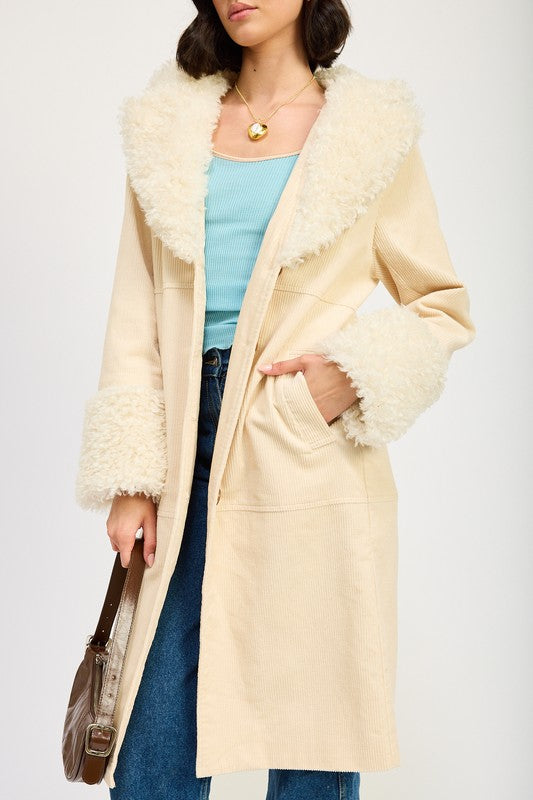 Corduroy and Faux Fur Coat - Premium variable from Tooksie - Just $101.99! Shop now at Tooksie