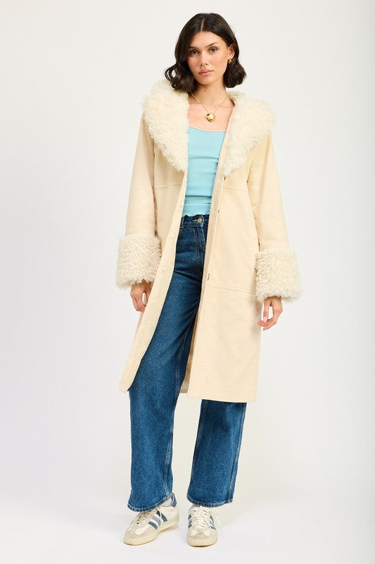 Corduroy and Faux Fur Coat - Premium variable from Tooksie - Just $101.99! Shop now at Tooksie