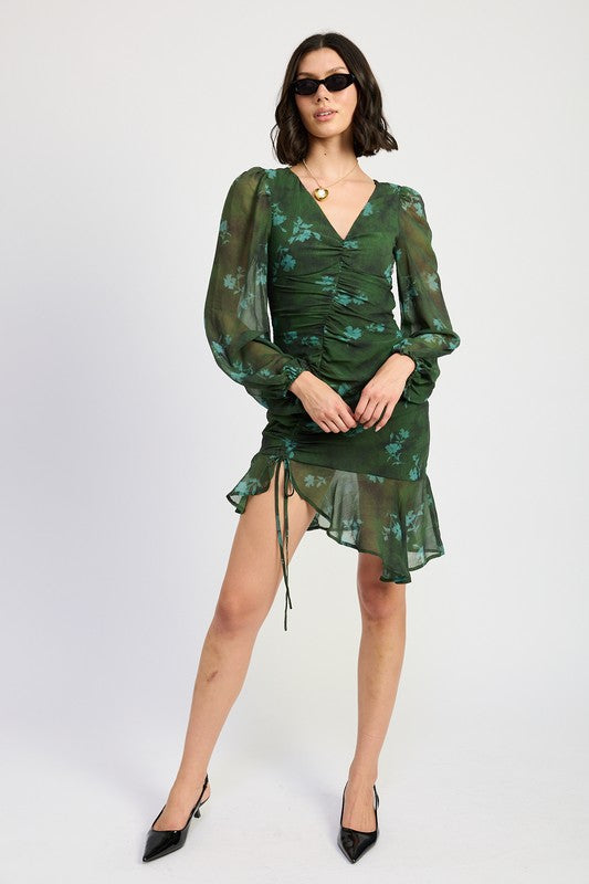 V-Neck Asymetrical Ruched Mini Dress - Premium variable from Tooksie - Just $55.99! Shop now at Tooksie