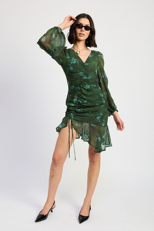 V-Neck Asymetrical Ruched Mini Dress - Premium variable from Tooksie - Just $55.99! Shop now at Tooksie