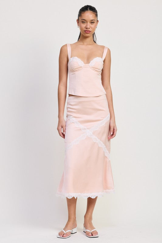Midi Satin Skirt With Lace Detail - Premium variable from Tooksie - Just $47.99! Shop now at Tooksie