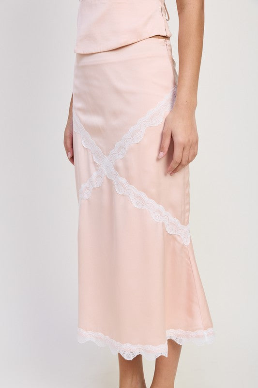 Midi Satin Skirt With Lace Detail - Premium variable from Tooksie - Just $47.99! Shop now at Tooksie