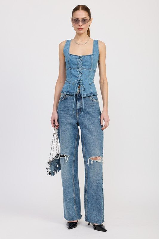 Denim Lace Up Bustier Top - Premium variable from Tooksie - Just $61.99! Shop now at Tooksie