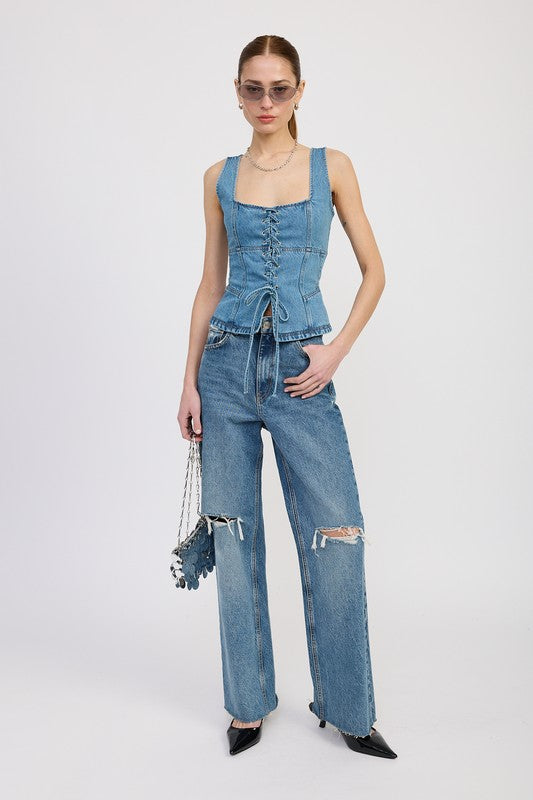 Denim Lace Up Bustier Top - Premium variable from Tooksie - Just $61.99! Shop now at Tooksie