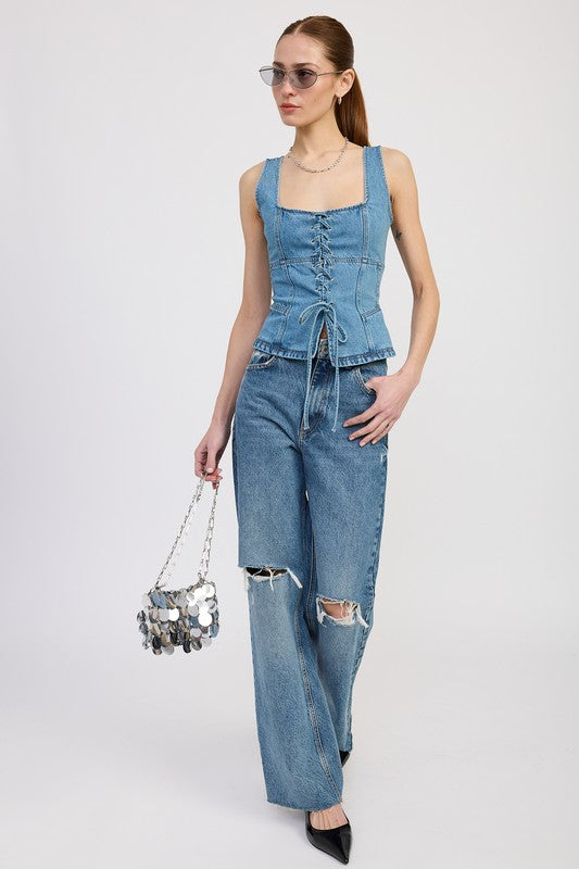 Denim Lace Up Bustier Top - Premium variable from Tooksie - Just $61.99! Shop now at Tooksie