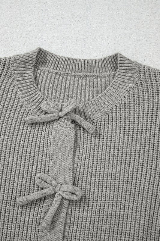 Gray Ribbed Knit Bow Button Cardigan - Premium variable from Tooksie - Just $63.99! Shop now at Tooksie
