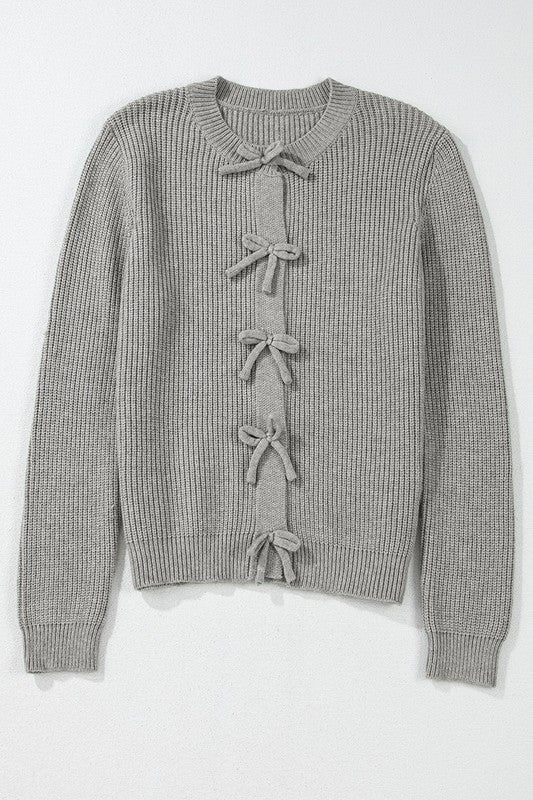 Gray Ribbed Knit Bow Button Cardigan - Premium  from Tooksie - Just $63.99! Shop now at Tooksie