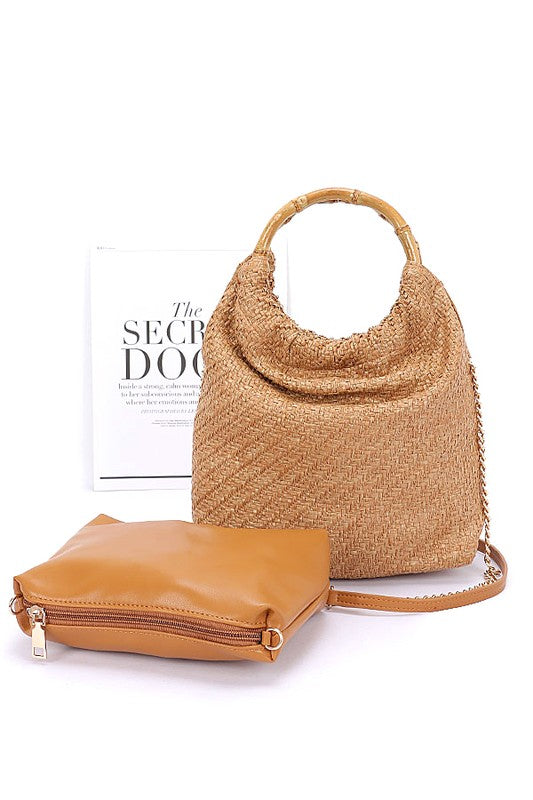 Bamboo Handle 2 In 1 Woven Look Handbag - Premium variable from Tooksie - Just $45.99! Shop now at Tooksie