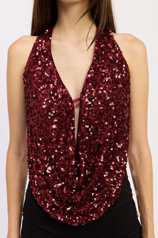 Sequin Cowl Drape Halter Top - Premium variable from Tooksie - Just $61.99! Shop now at Tooksie