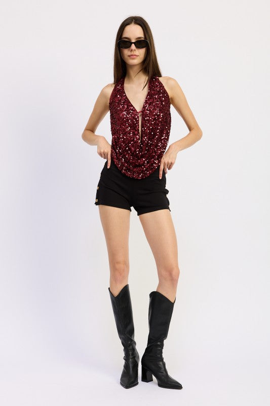 Sequin Cowl Drape Halter Top - Premium variable from Tooksie - Just $61.99! Shop now at Tooksie