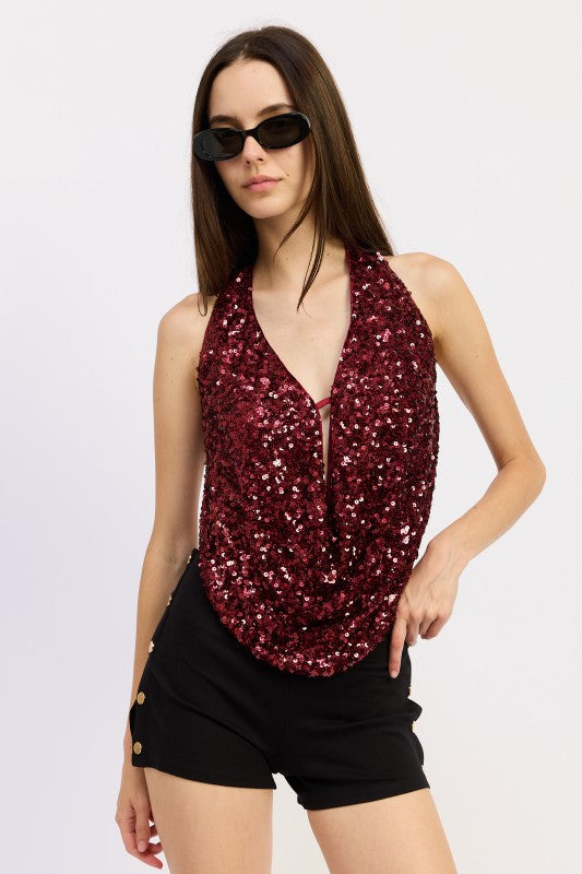 Sequin Cowl Drape Halter Top - Premium variable from Tooksie - Just $61.99! Shop now at Tooksie