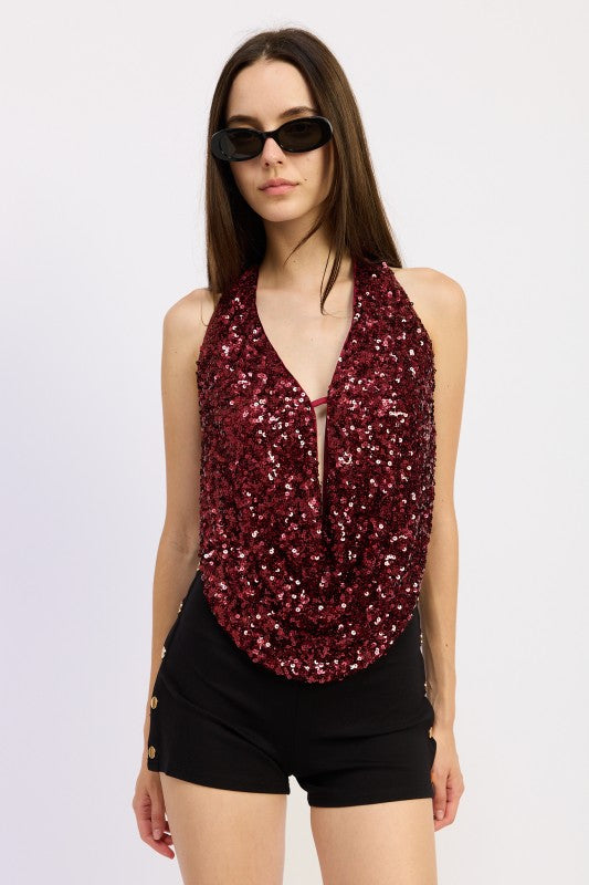 Sequin Cowl Drape Halter Top - Premium variable from Tooksie - Just $61.99! Shop now at Tooksie